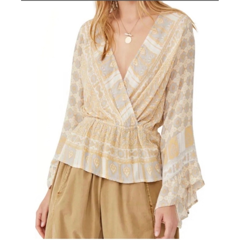 Free People Boho Peplum Top Mustard Floral Long Sleeve V-Neck" Sz S/P